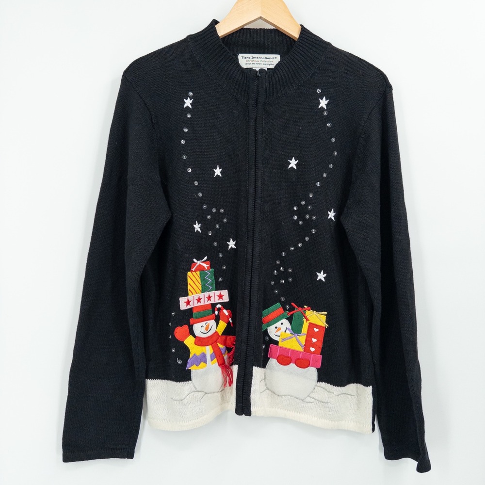 Vintage Christmas Snowman Cardigan Sweater Large Tiara Internarional Ugly Tacky‎